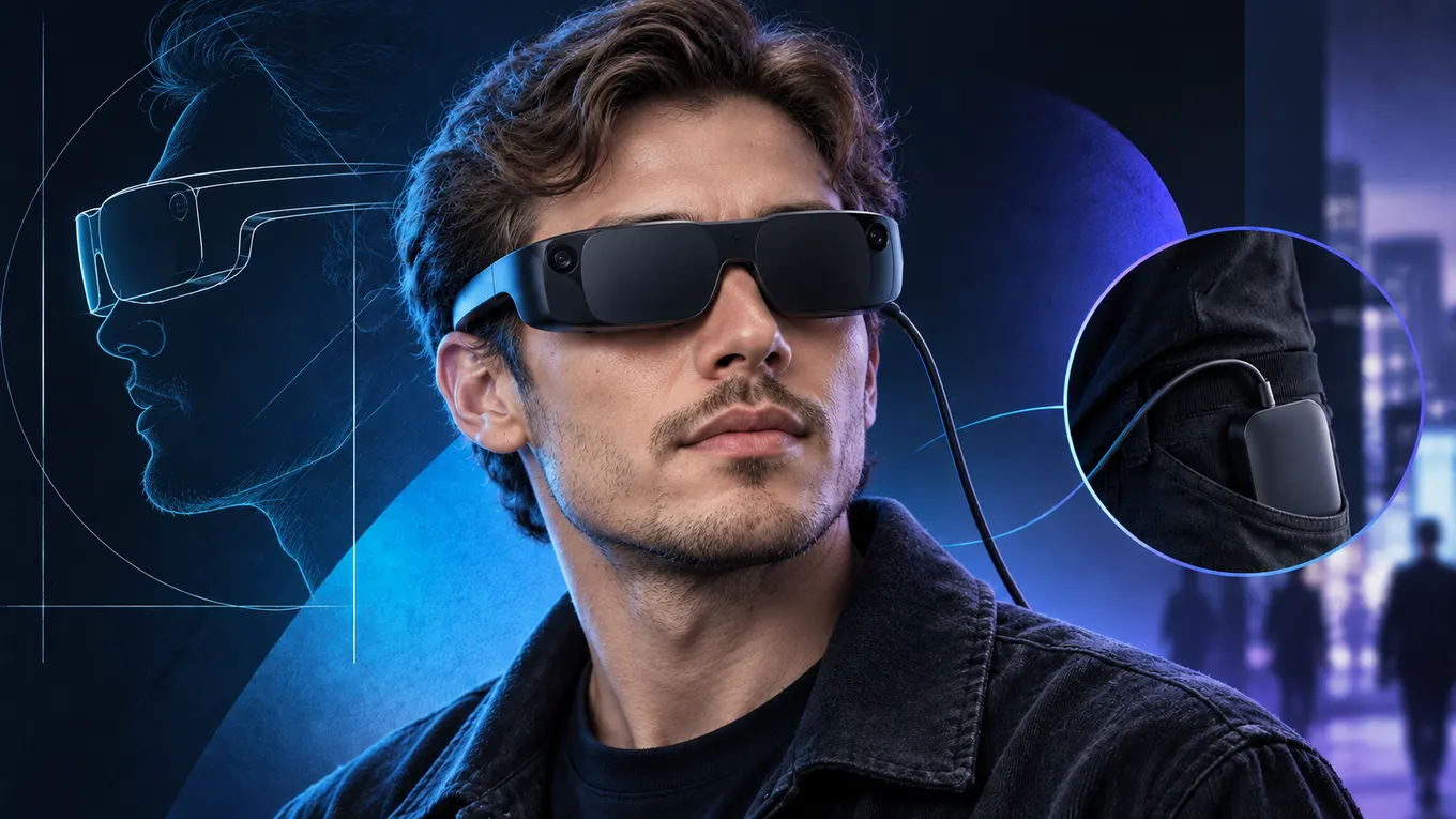 Original editorial illustration of a European-looking adult wearing Meta VR Glasses-inspired eyewear