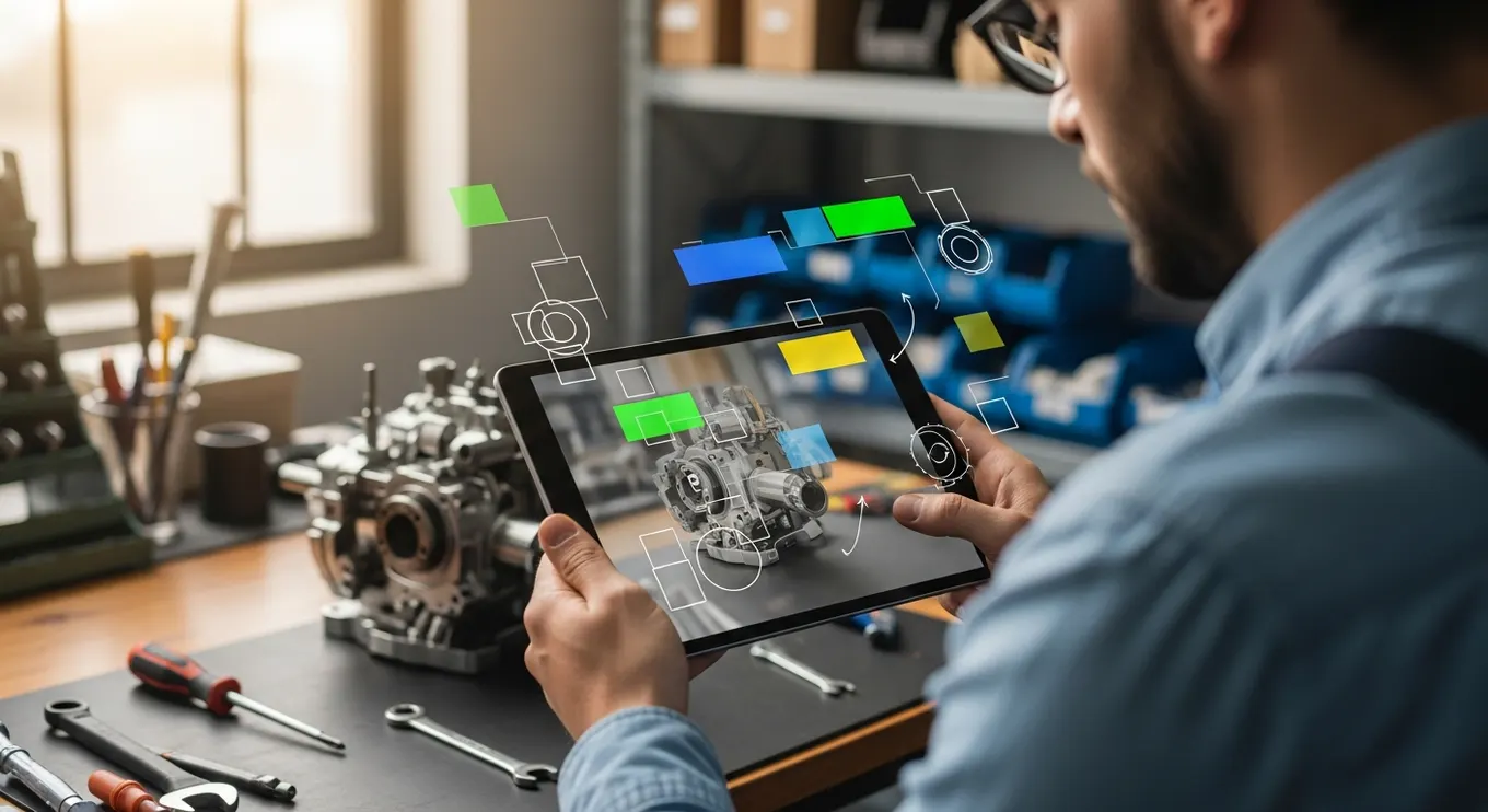 An employee using a tablet to view AR guidance over a real object, demonstrating how augmented reality overlays work