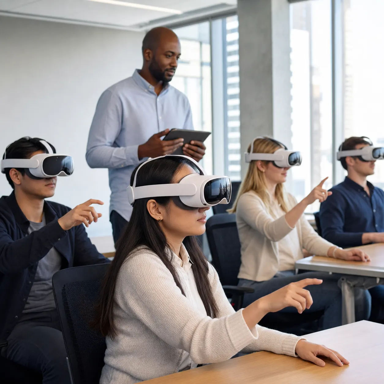 Digital human coach supporting an employee inside an XR onboarding lab