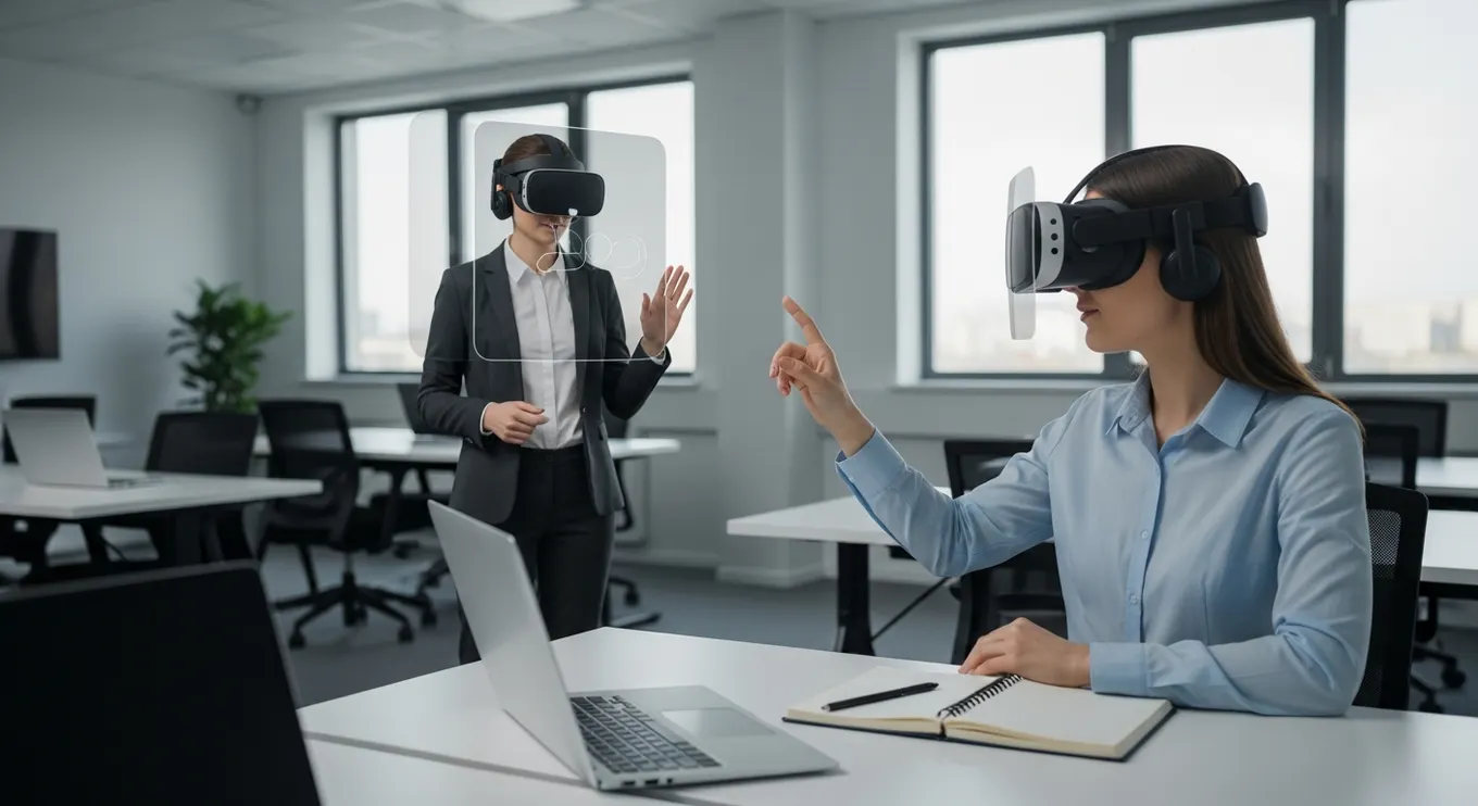 An enterprise employee using mixed-reality headsets to interact with a digital human guide inside a realistic corporate workspace.