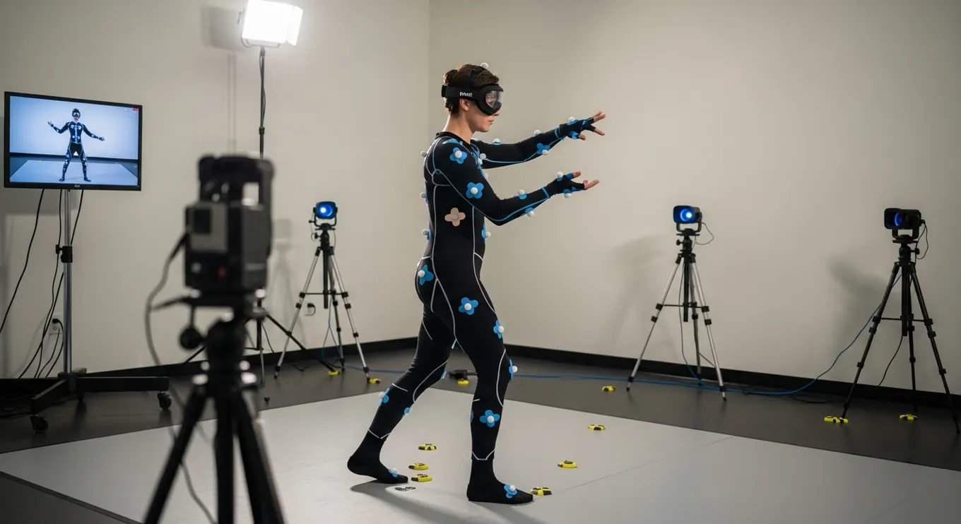 A performer recording body movement in a mocap studio to animate a Metahuman for XR training.