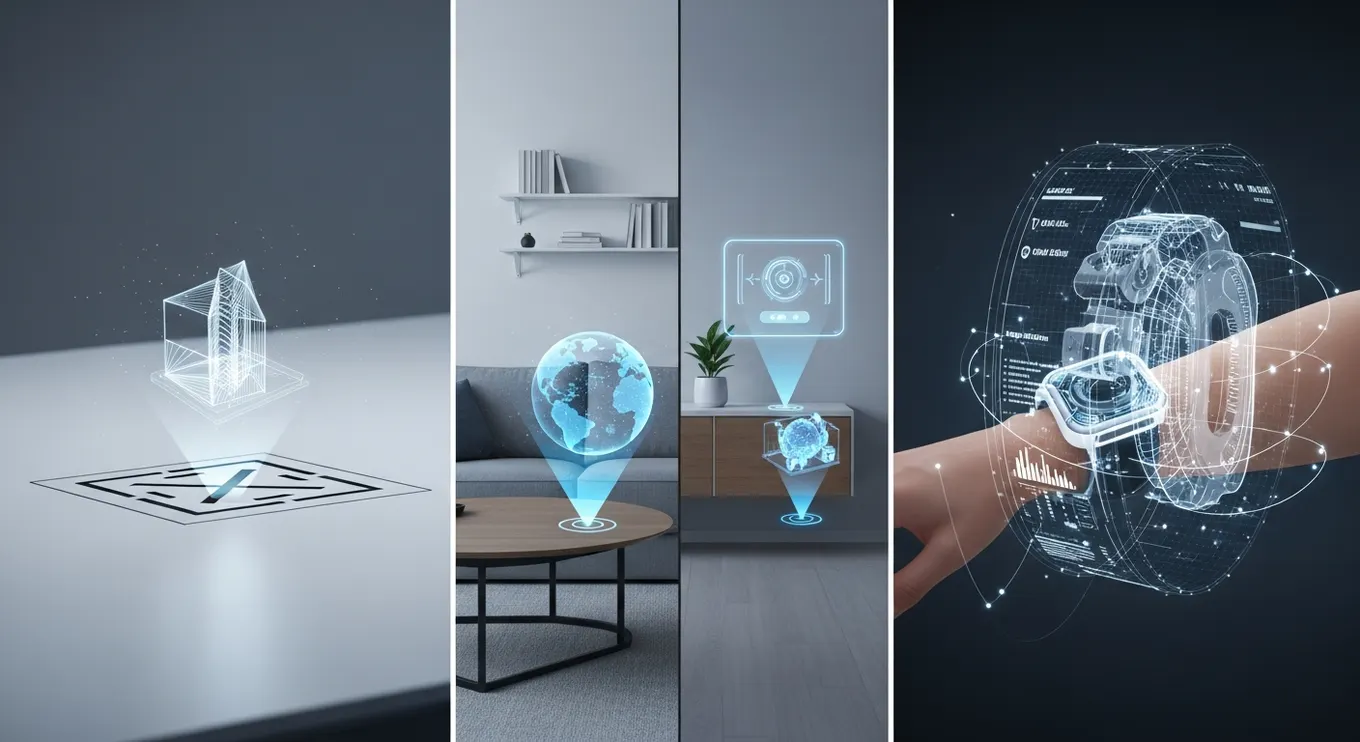 A three-part visualization showing marker-based AR, markerless AR, and superimposition AR through blended digital and real-world scenes.