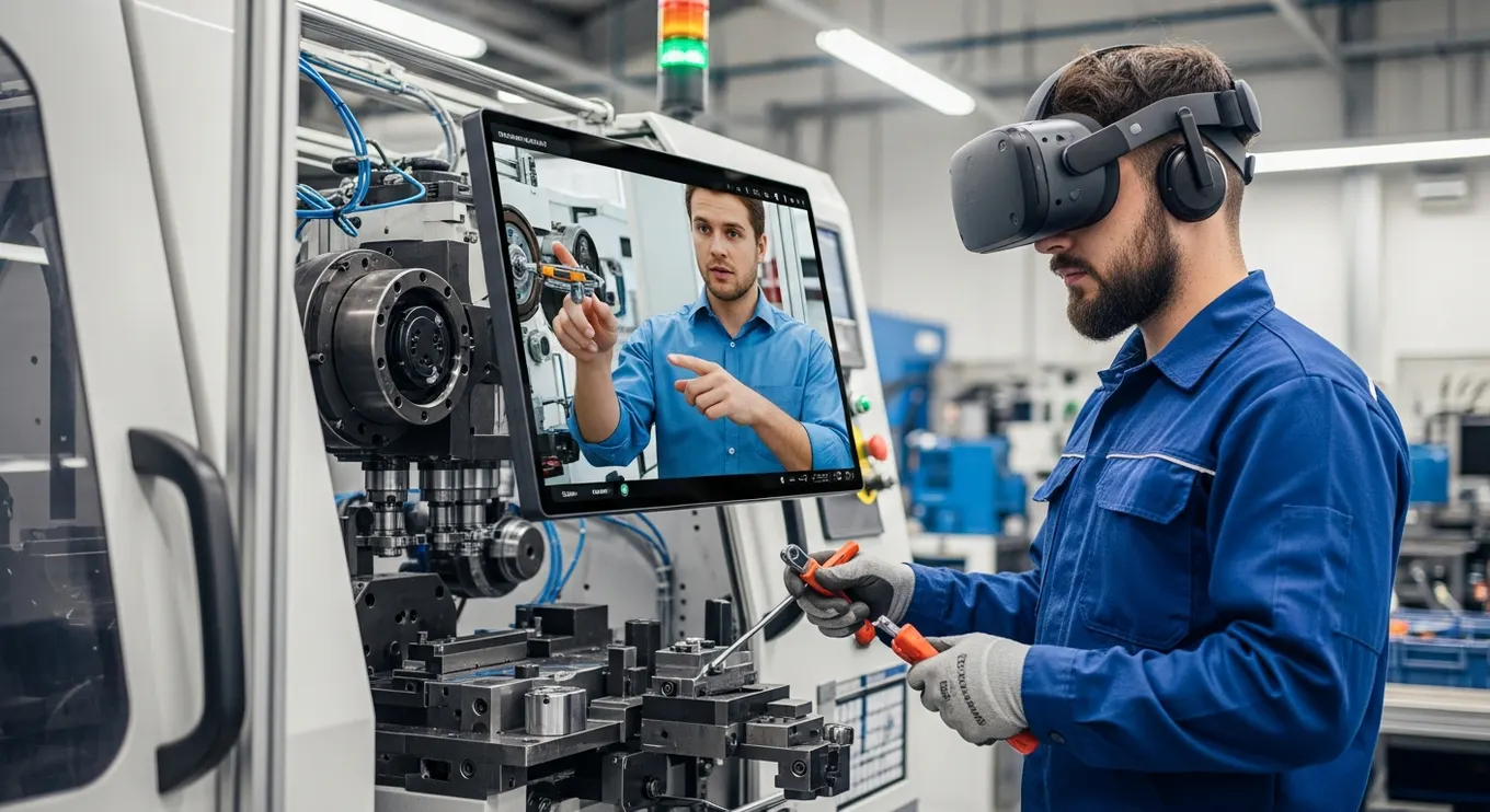 Technician receiving step-by-step XR guidance from a digital human near machinery
