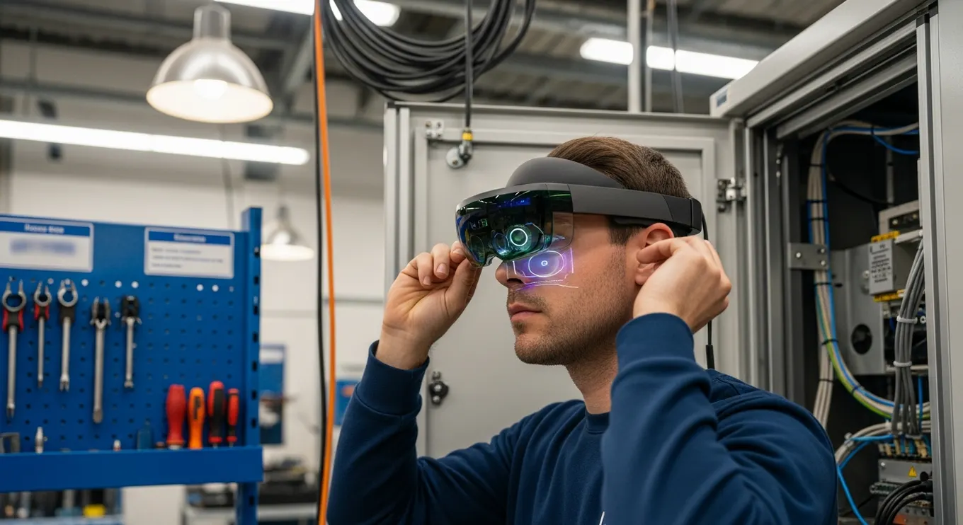 Technician using augmented reality smart glasses to follow safety guidance in a real workspace