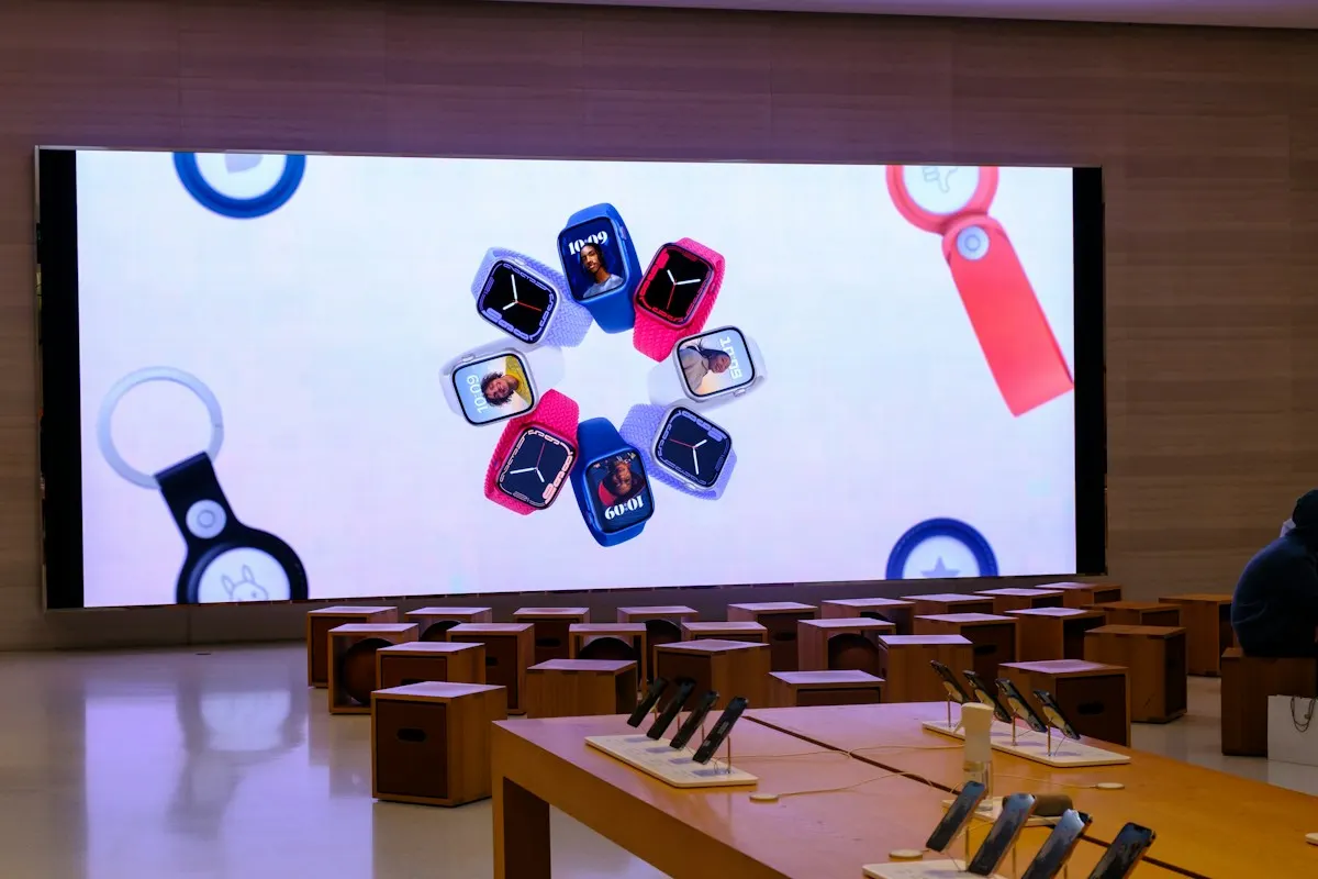 Smartwatch products presented in an interactive retail display