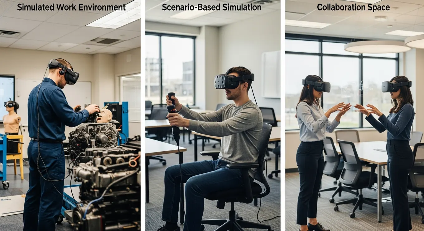Different real-world training setups using VR headsets to access various types of virtual worlds used in enterprise learning