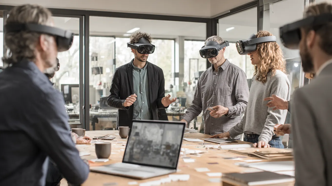 Team collaborating through headsets inside a shared 3D workspace