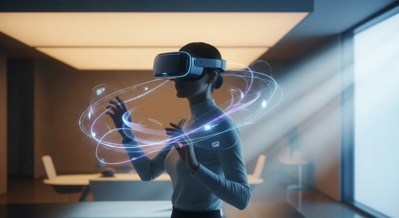A user immersed in an XR experience with subtle holographic lighting