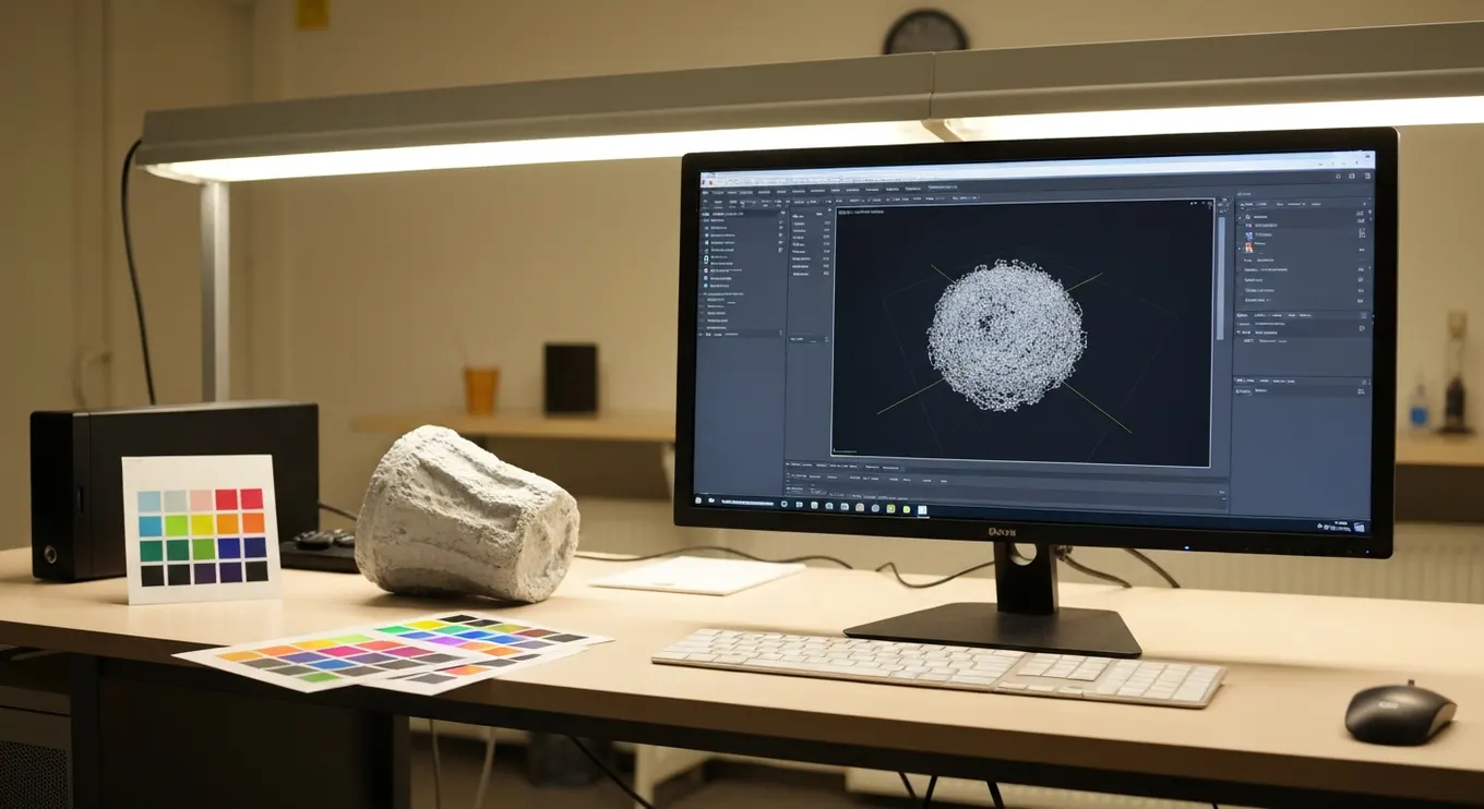 A workstation displaying a photogrammetry point cloud or 3D mesh from real-world captures, used in XR and digital twin development.