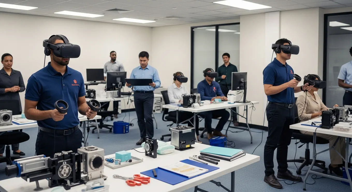 Enterprise VR training lab with employees practicing standardized work procedures