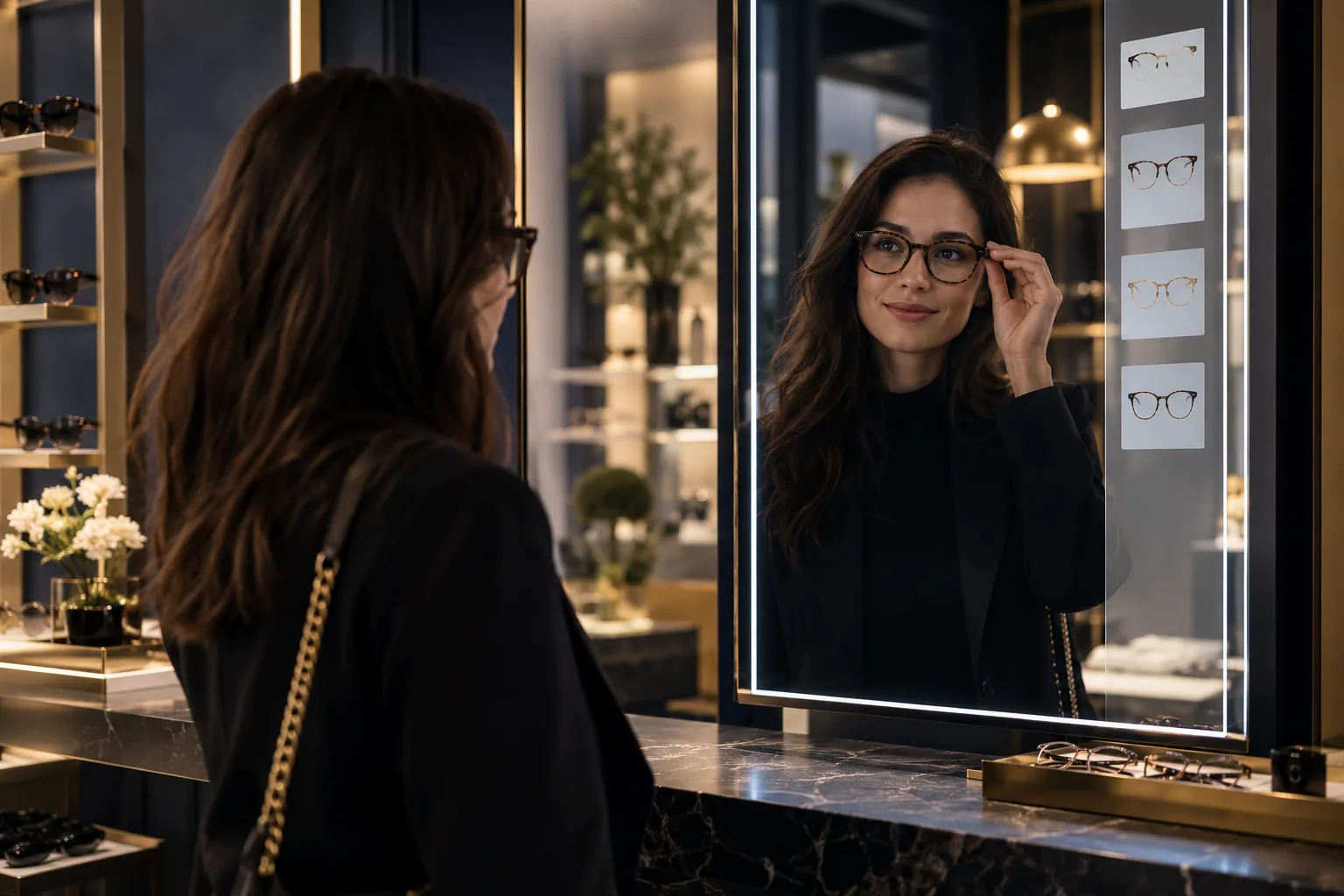 Visitor comparing eyewear styles in an interactive retail mirror — AI-generated concept