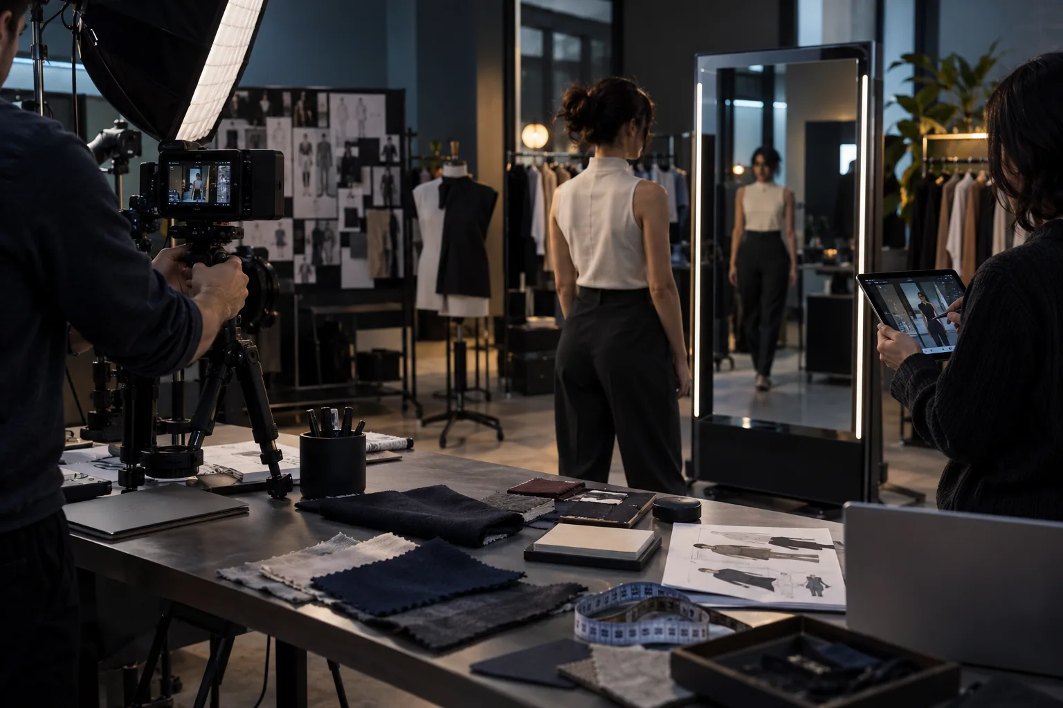 Creative team testing lighting and a virtual try-on mirror prototype — AI-generated concept