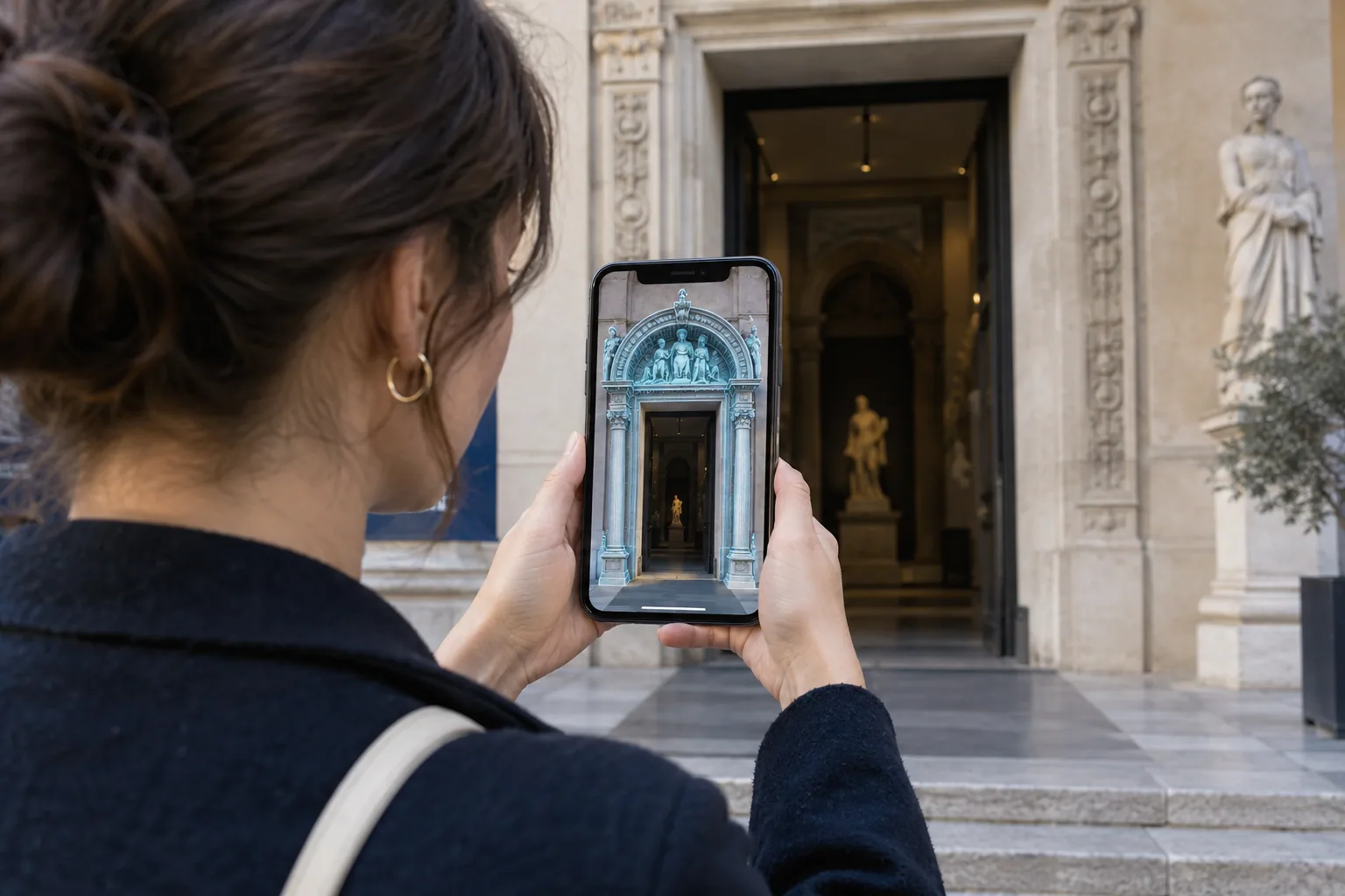 Phone aligned with an architectural doorway to preview a spatial portal — AI-generated concept
