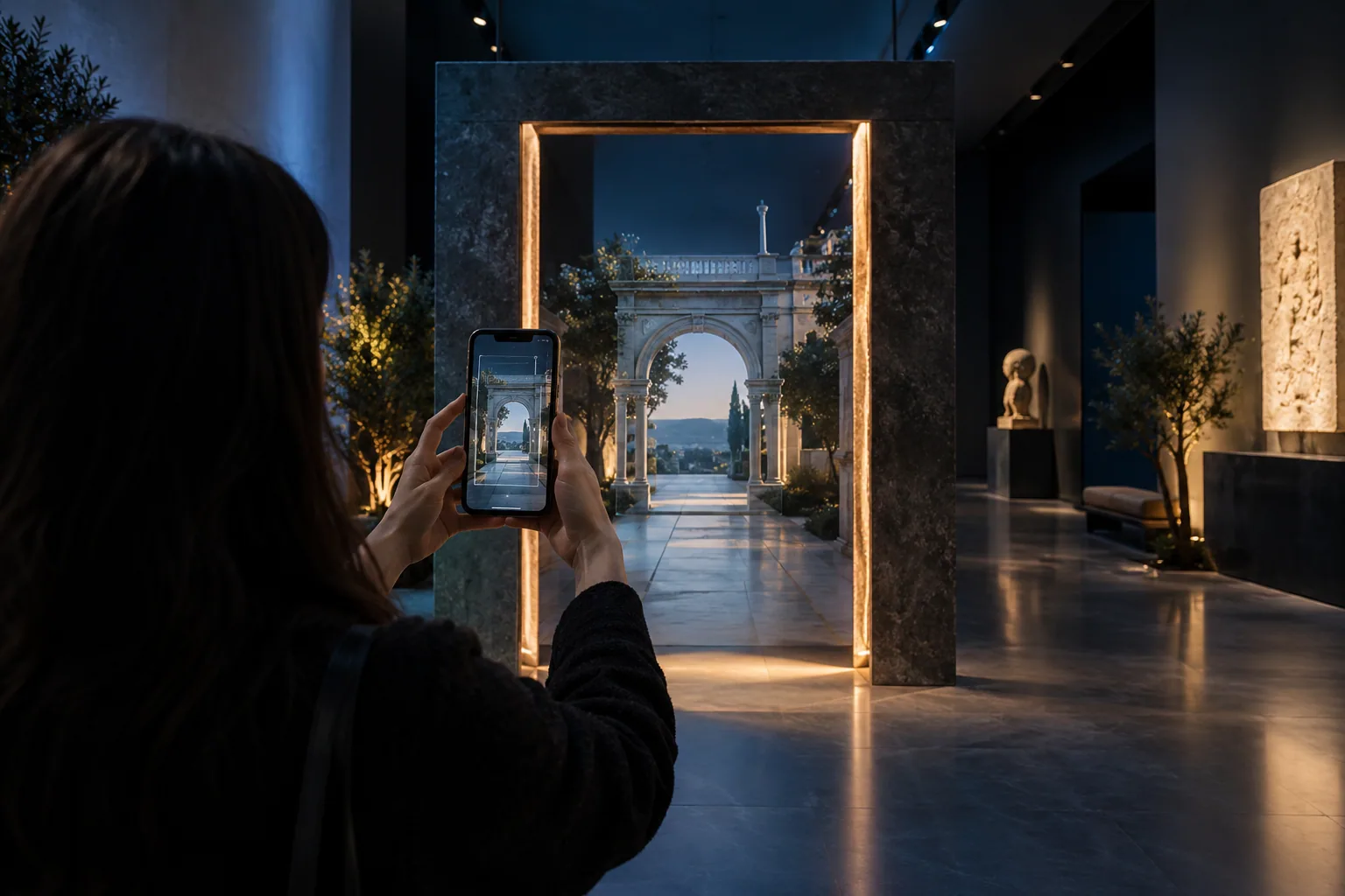 Illustrative visitor using a phone to view an AR portal in an exhibition entrance — AI-generated concept