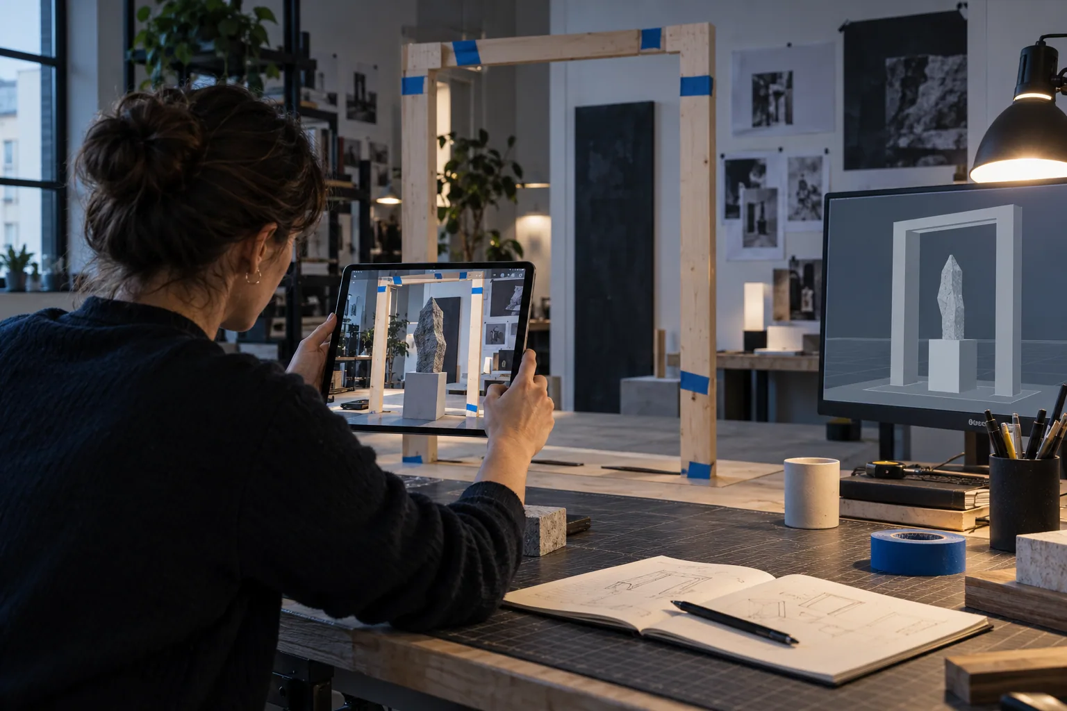 Designer testing AR portal alignment with a tablet and physical frame mockup — AI-generated concept