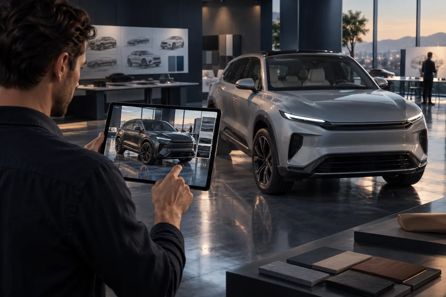 Automotive designer previewing a vehicle detail through a tablet — AI-generated concept