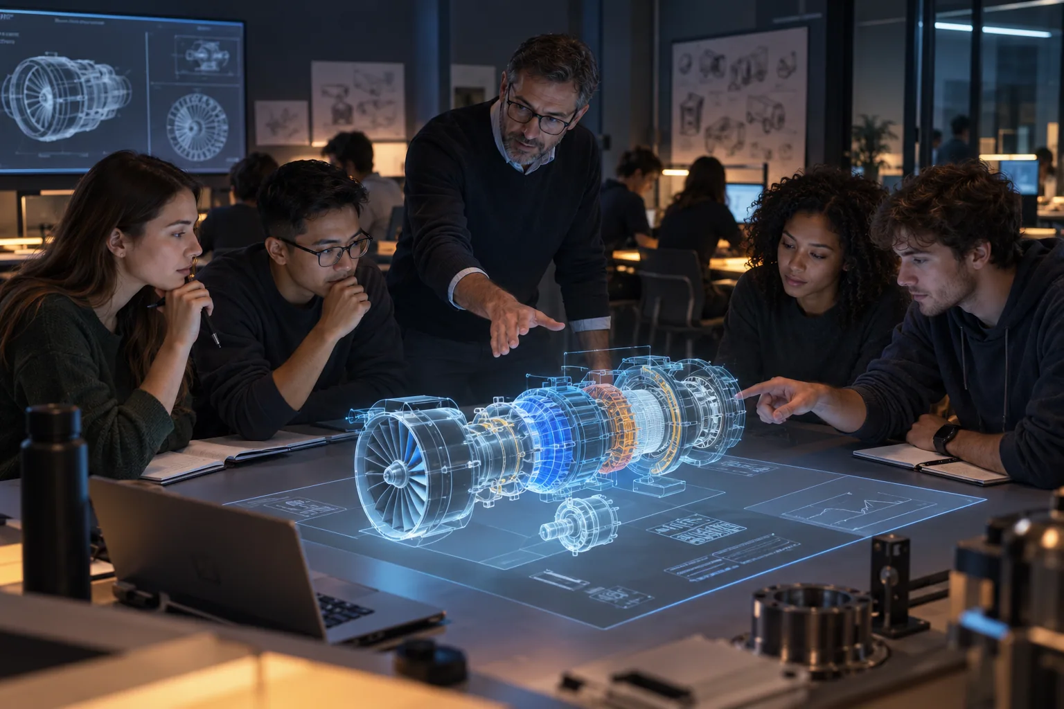 Students collaborating around a spatial engineering model in a classroom — AI-generated concept