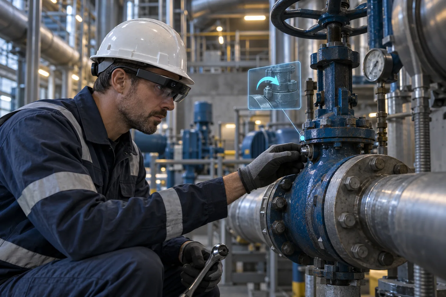 Maintenance technician using AR guidance while inspecting an industrial valve — AI-generated concept