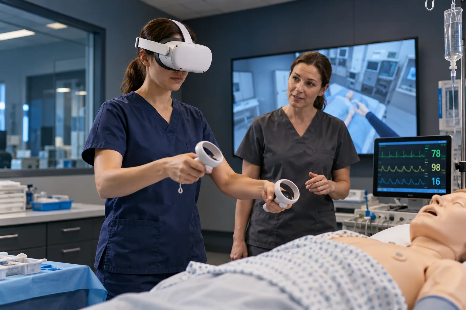Clinician practicing a simulated procedure with a VR headset in a training lab — AI-generated concept