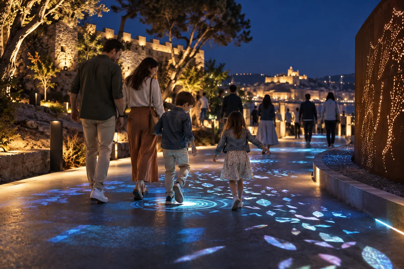 Visitors following an illuminated interactive cultural trail at dusk — AI-generated concept