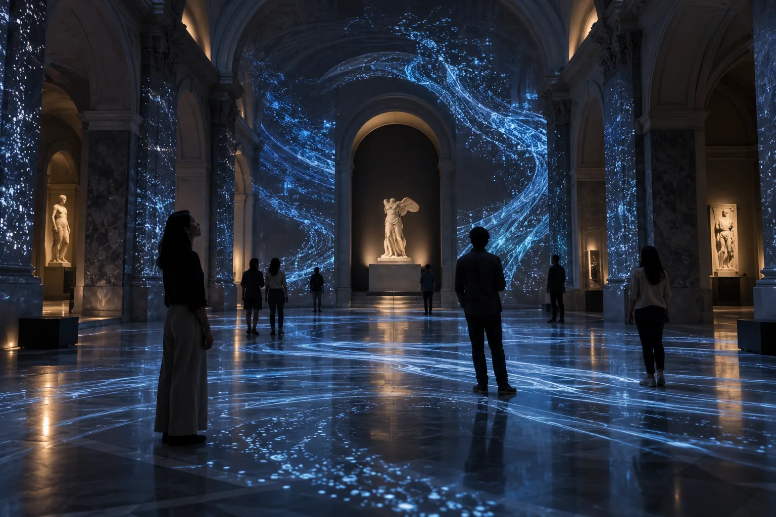 Visitors exploring a projection-mapped installation in a museum gallery — AI-generated concept