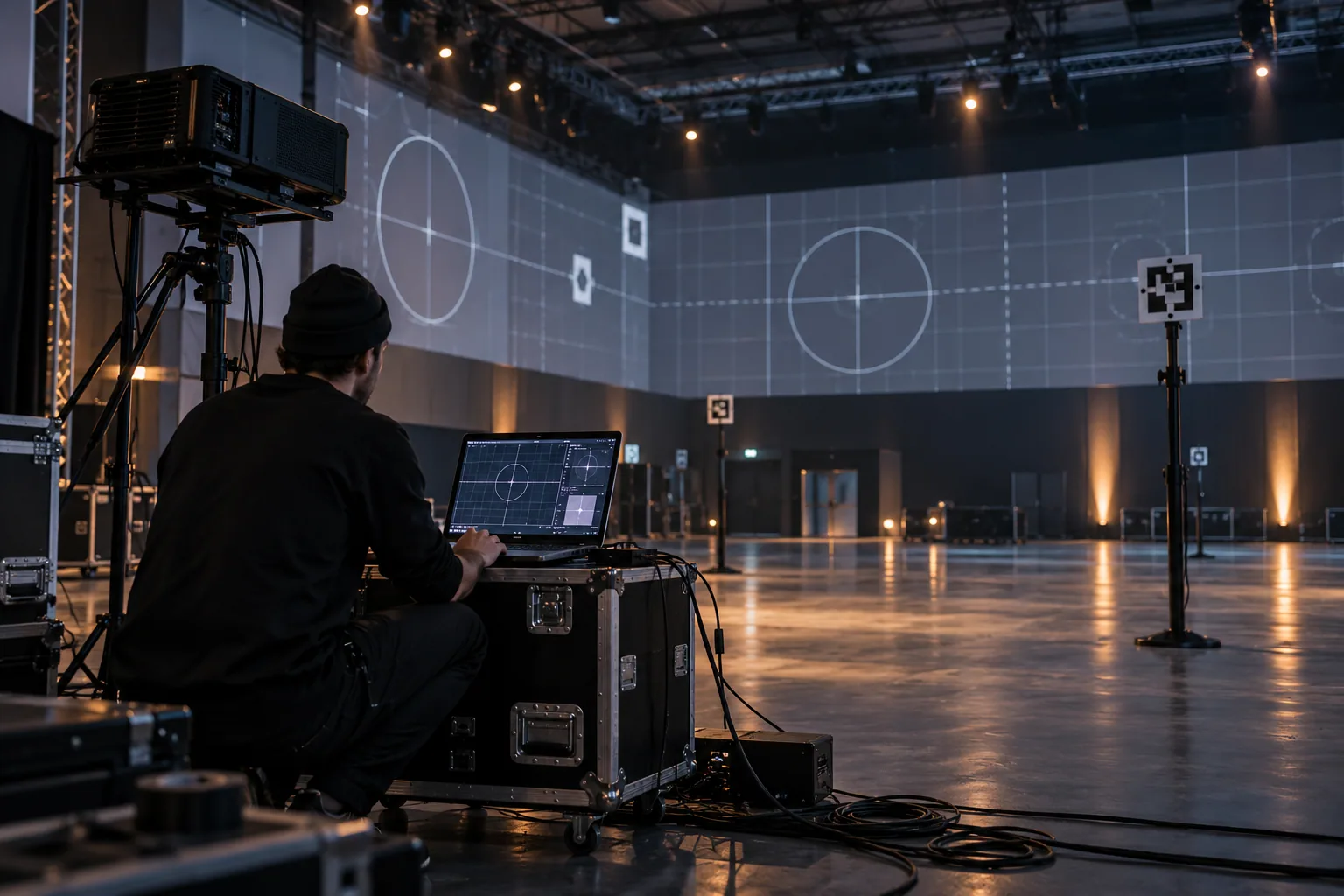 Technician testing projection and tracking in an empty event space — AI-generated concept