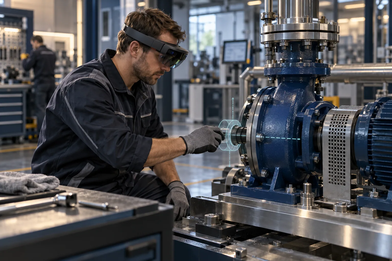 Illustrative technician inspecting industrial machinery with mixed reality guidance — AI-generated concept