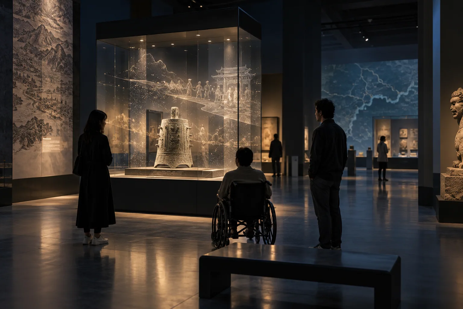 Visitors exploring a carefully lit interactive museum exhibition — AI-generated concept