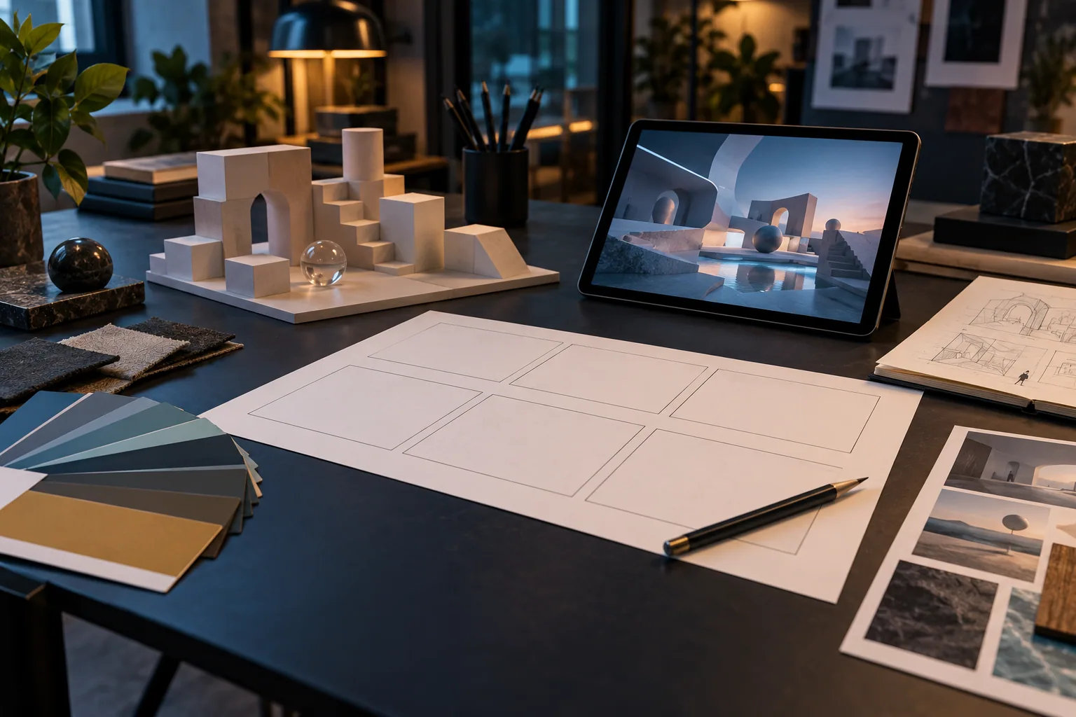 XR project planning materials and prototype sketches on a studio table — AI-generated concept