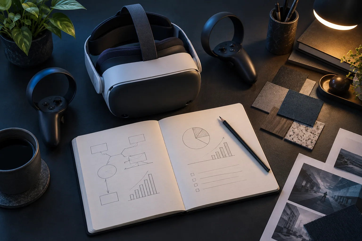 VR headset, controllers and planning notes on a studio desk — AI-generated concept