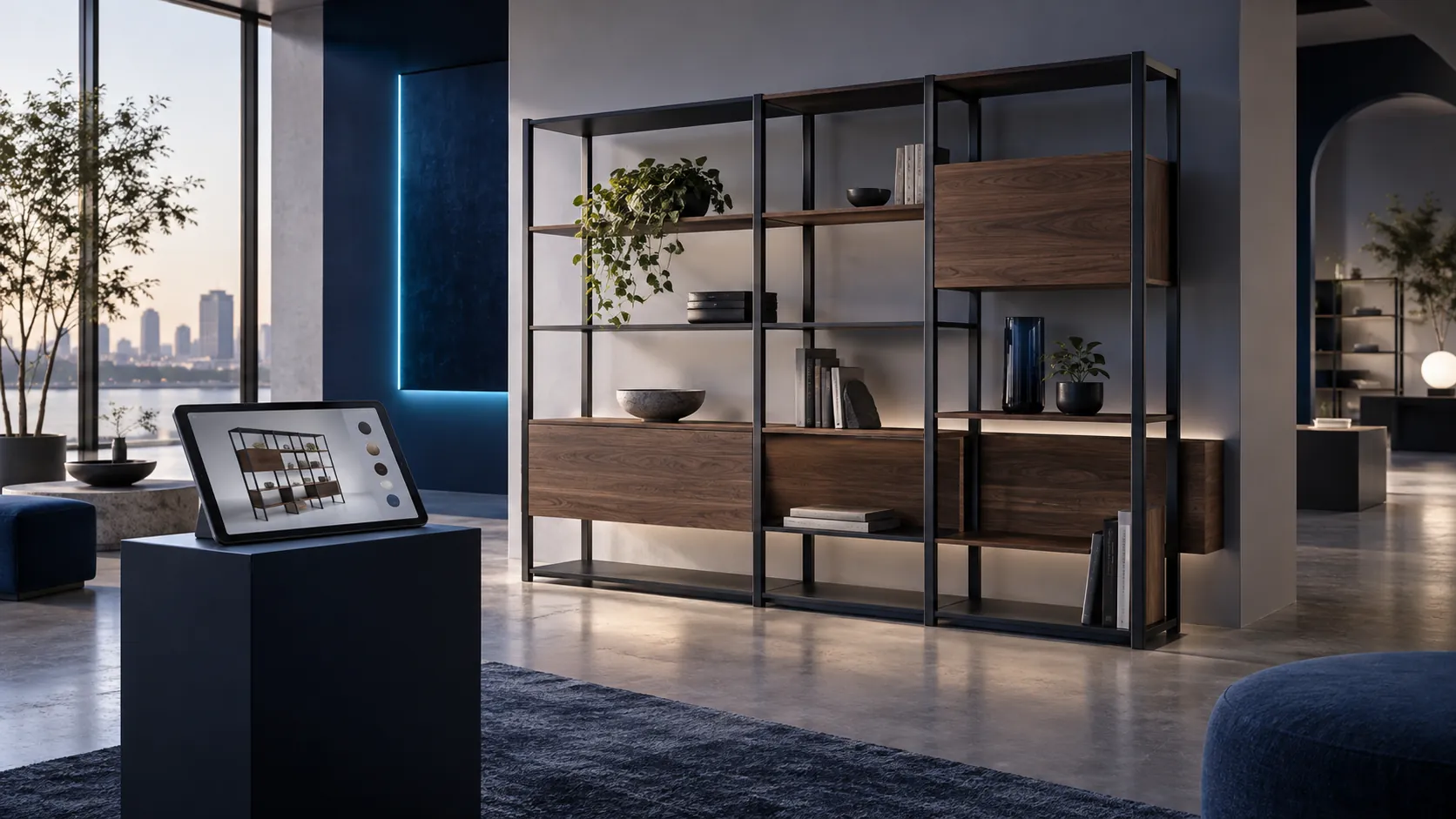Modular shelving presentation in a showroom with a tablet product view — AI-generated concept