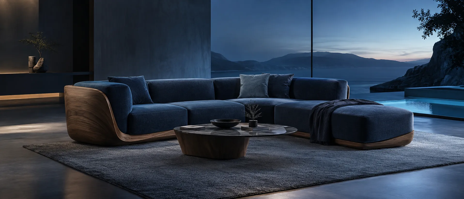 Fictional modular blue sofa shown in a contemporary interior — AI-generated concept