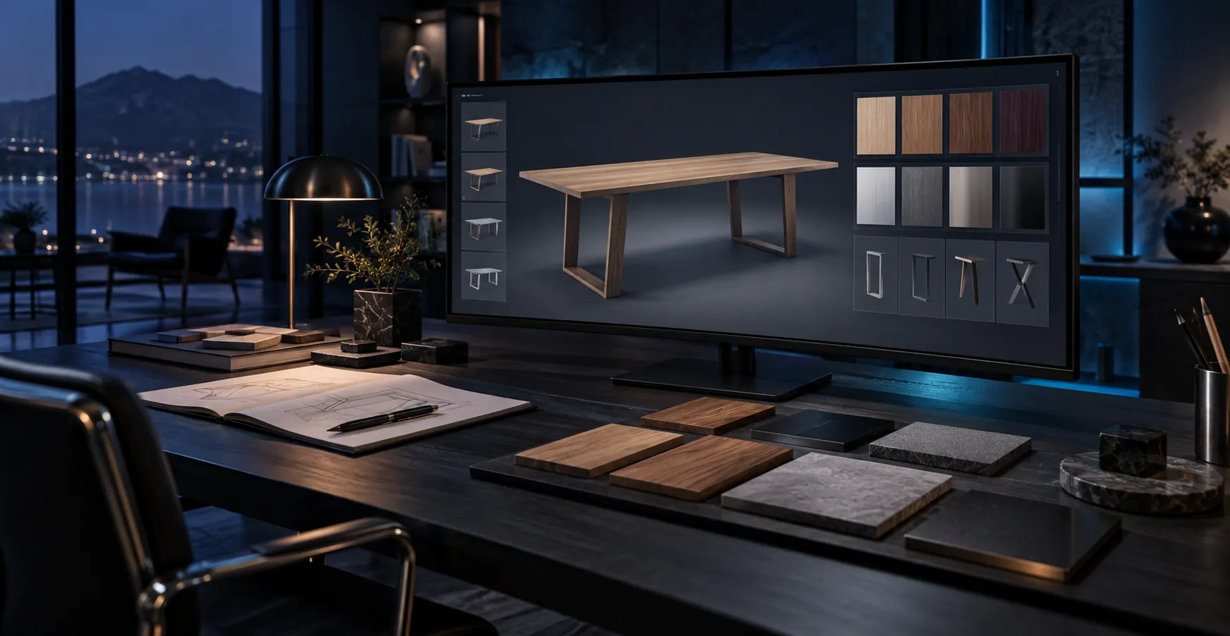 Digital oak table model and finish samples at a furniture design workstation — AI-generated concept