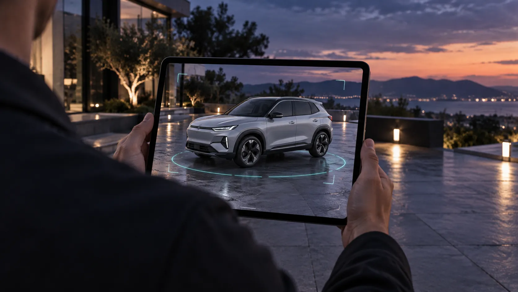 Fictional SUV placed in an outdoor setting through a tablet AR preview — AI-generated concept