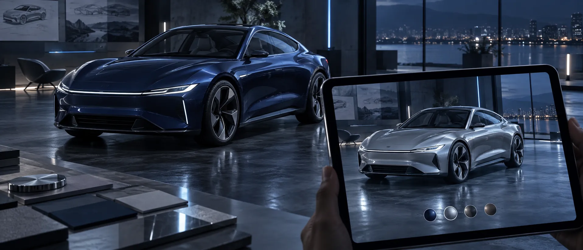 Fictional concept coupe viewed through a tablet in a design studio — AI-generated concept