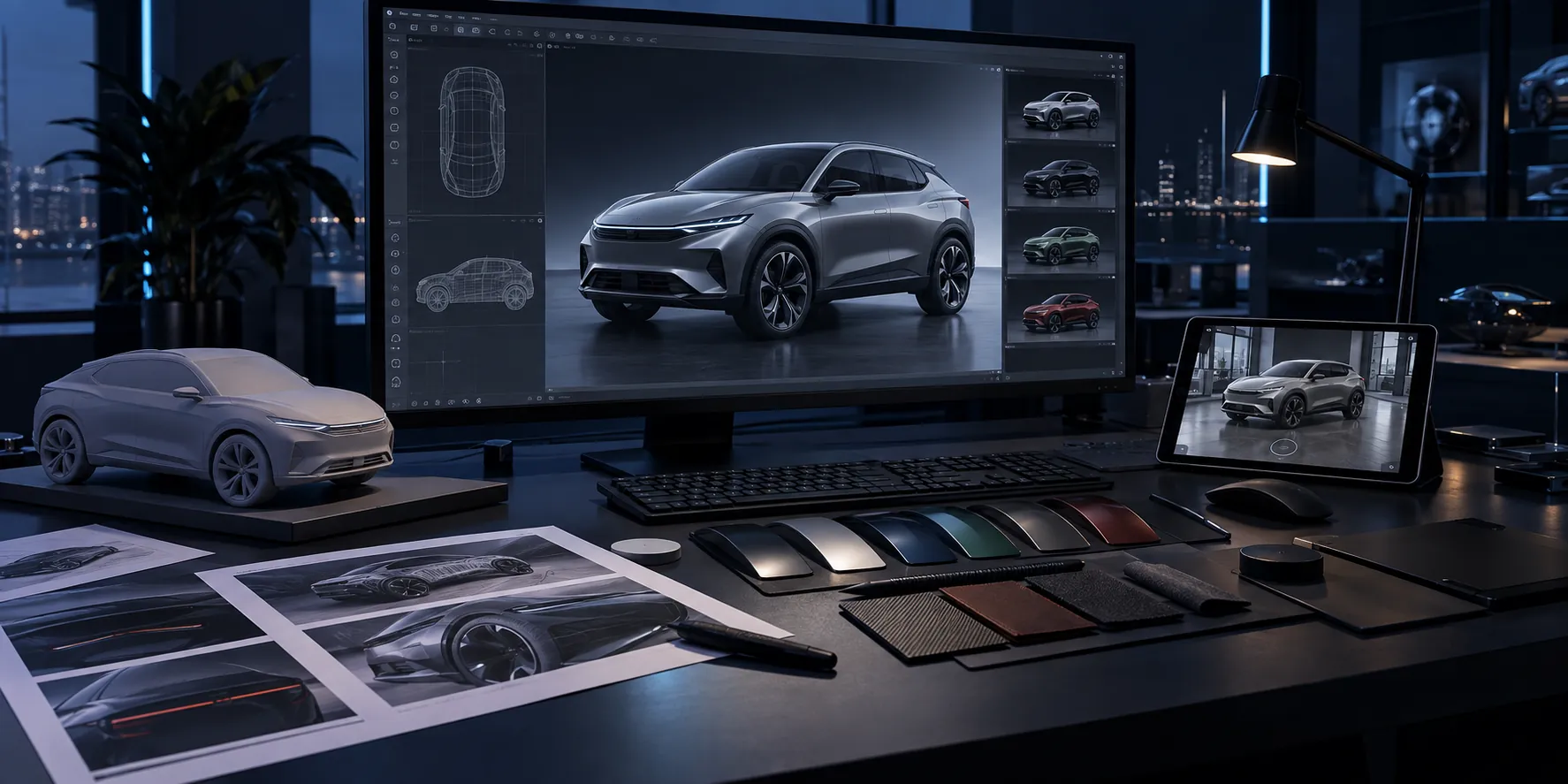 Unbranded vehicle model and finish studies at a digital production workstation — AI-generated concept