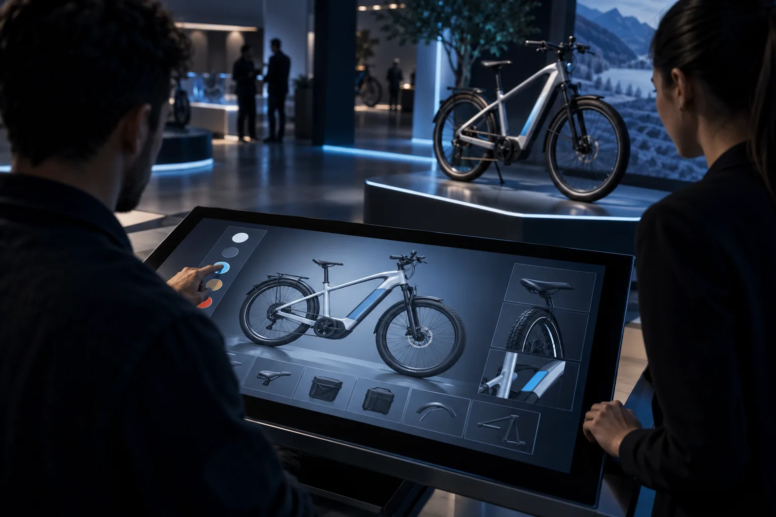 Customer using a tablet to explore a detailed digital product view in a retail environment