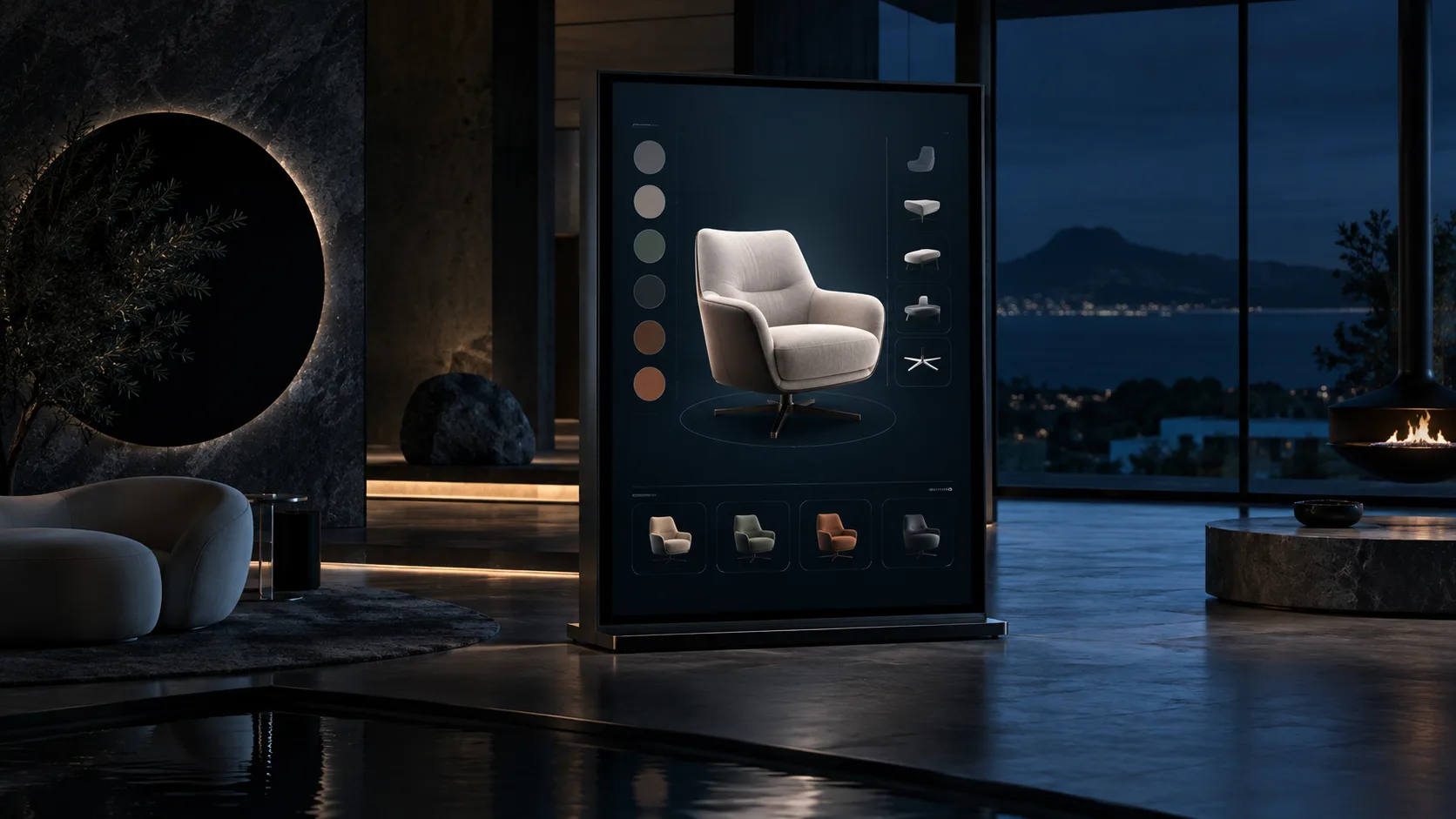 Interactive 3D product presentation showing a configurable object and material choices in a retail setting