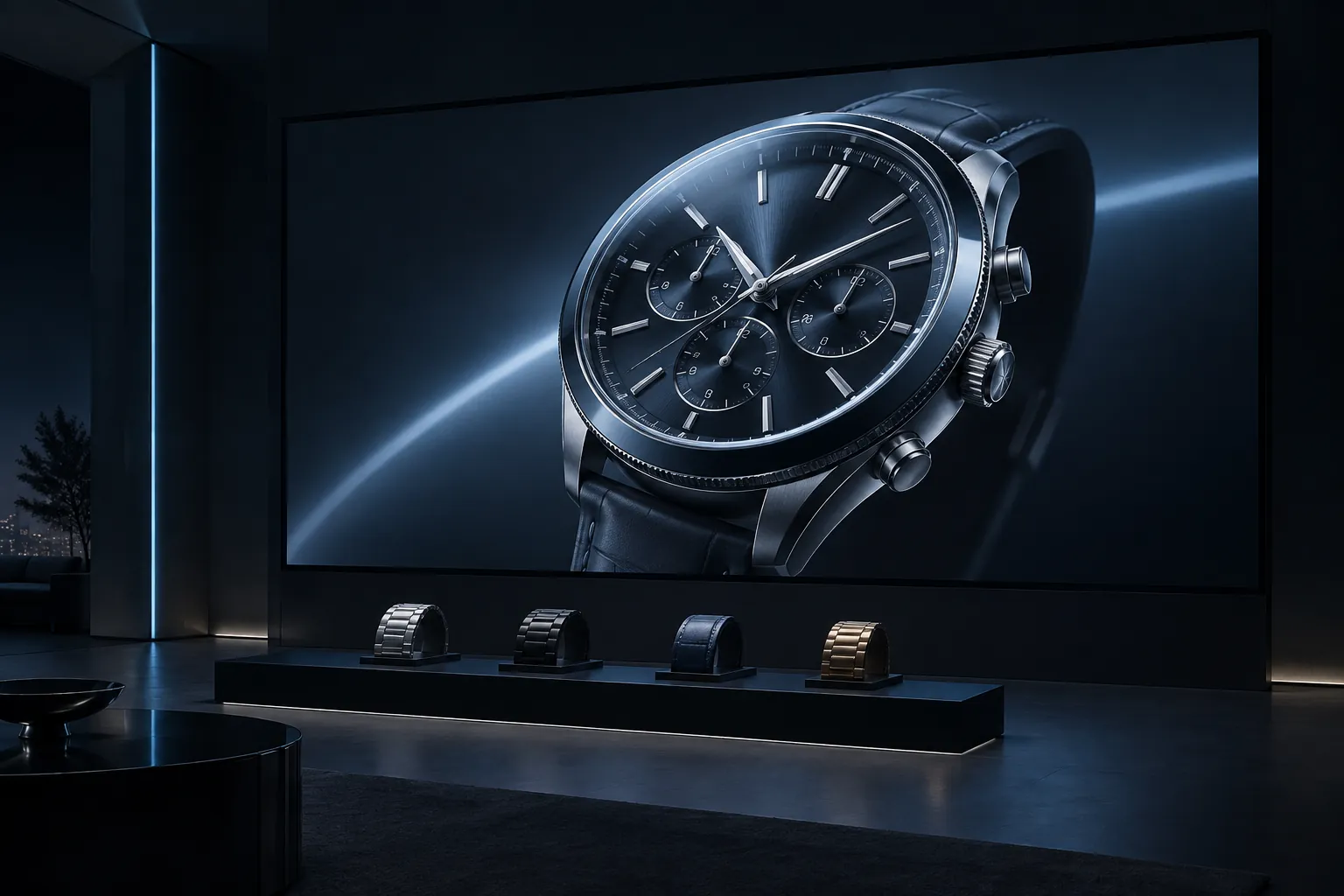 Fictional watch rendered on a large screen for a premium product presentation — AI-generated concept