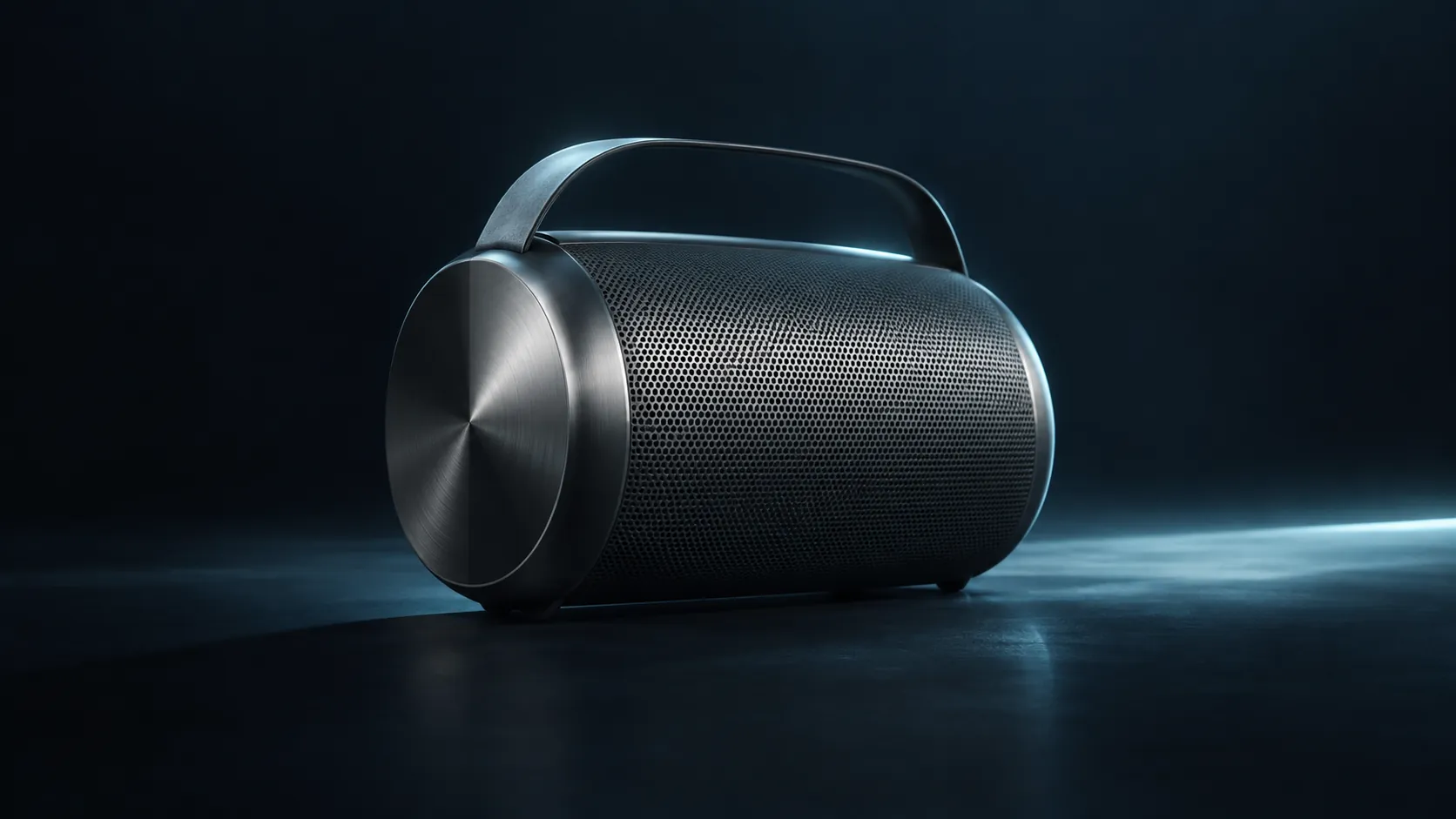 Original concept render of a fictional brushed metal speaker in dark studio lighting — AI-generated concept