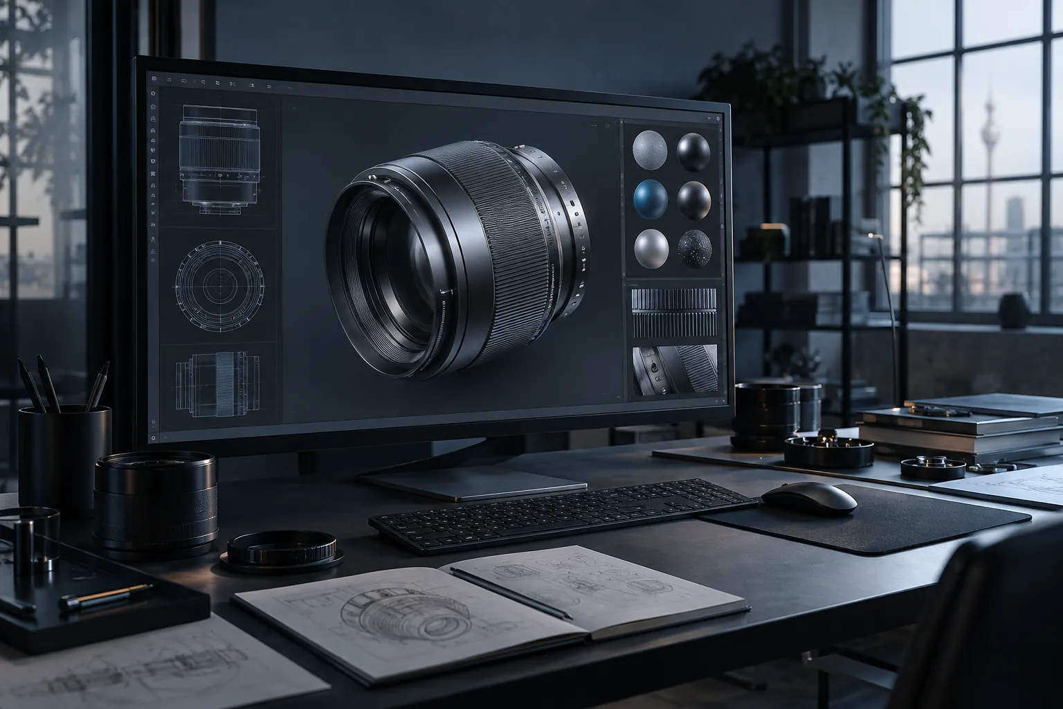 Product artist workstation showing an unbranded camera lens model and material studies — AI-generated concept