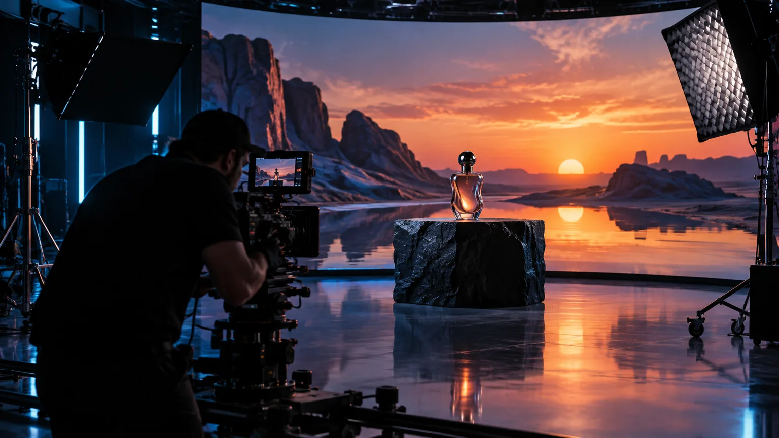 Film crew shooting an unbranded fragrance bottle against a real-time desert sunset on an LED volume