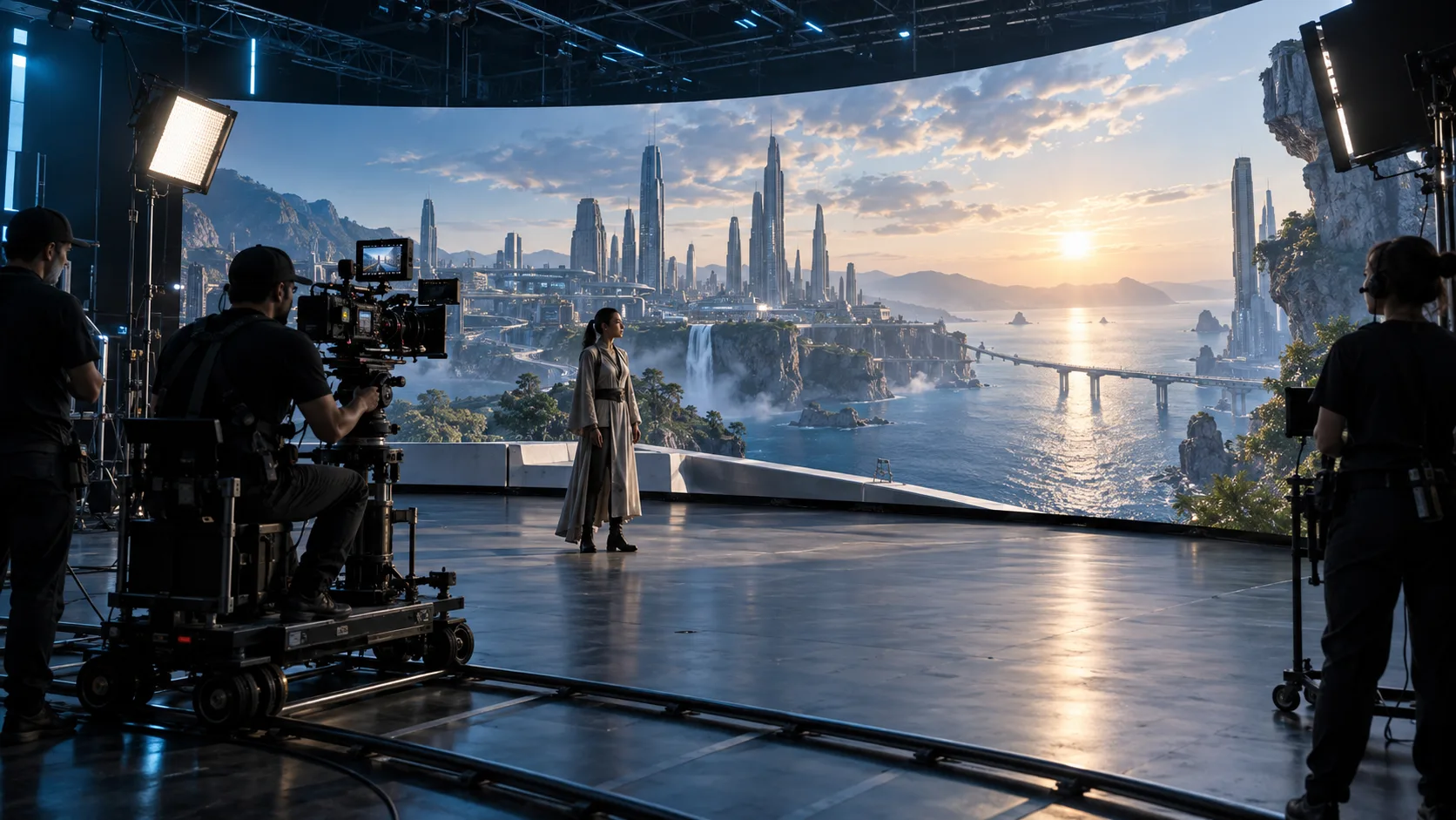 Virtual production stage filming an actor against a real-time coastal city on a curved LED volume