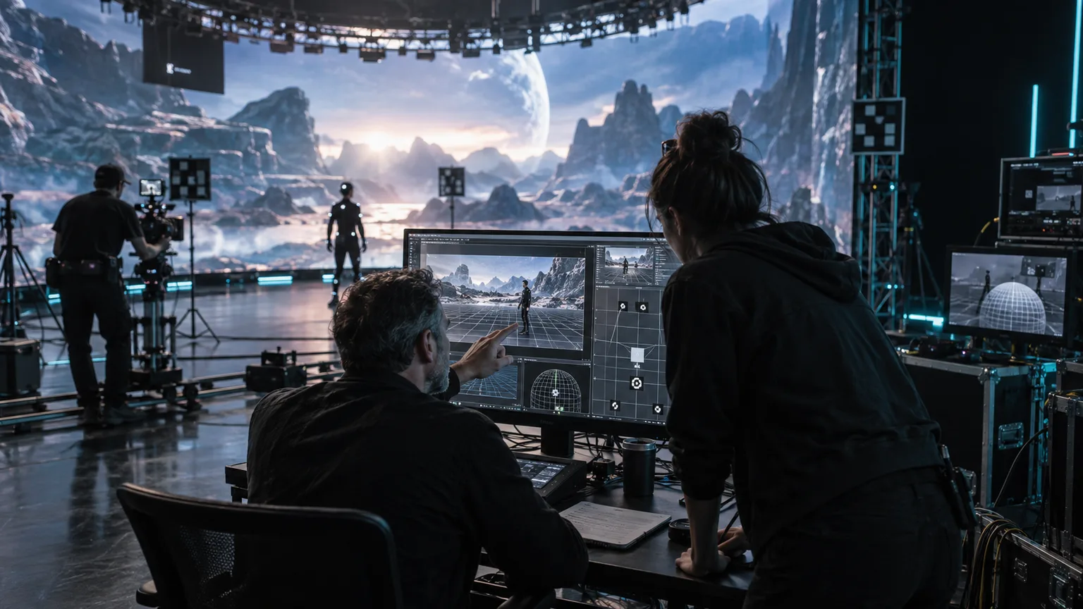 Virtual production crew reviewing a real-time environment and camera tracking workflow beside an LED stage